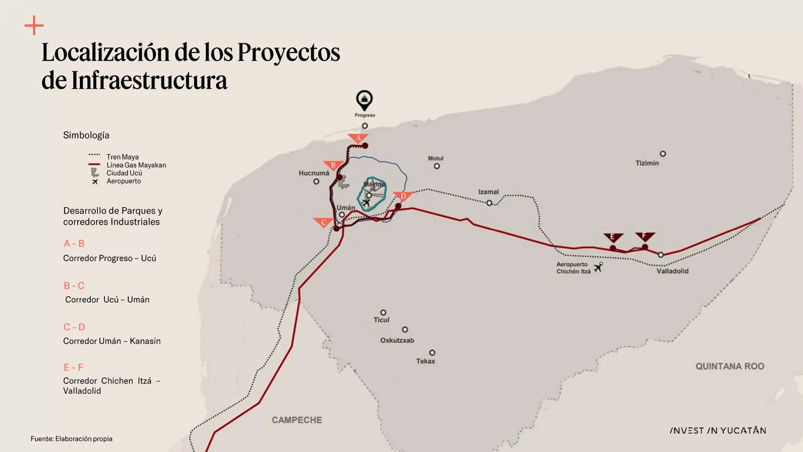 Mapa de Yucatán con los corredores industriales, la línea del Tren Maya, el gasoducto Mayakan y los aeropuertos