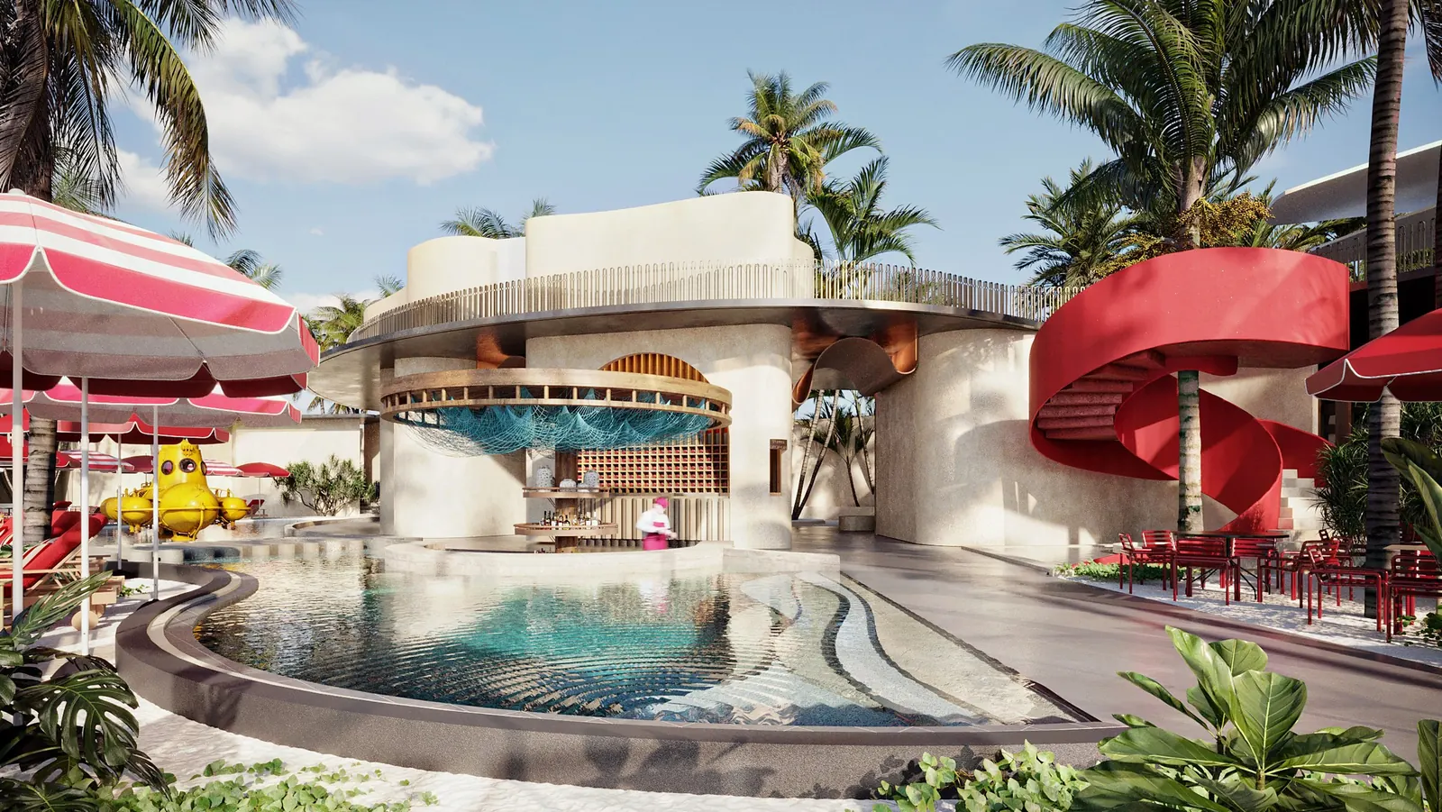 Render de la alberca de Calypso Beach Club, con tobogán y bar, a unos pasos de la playa