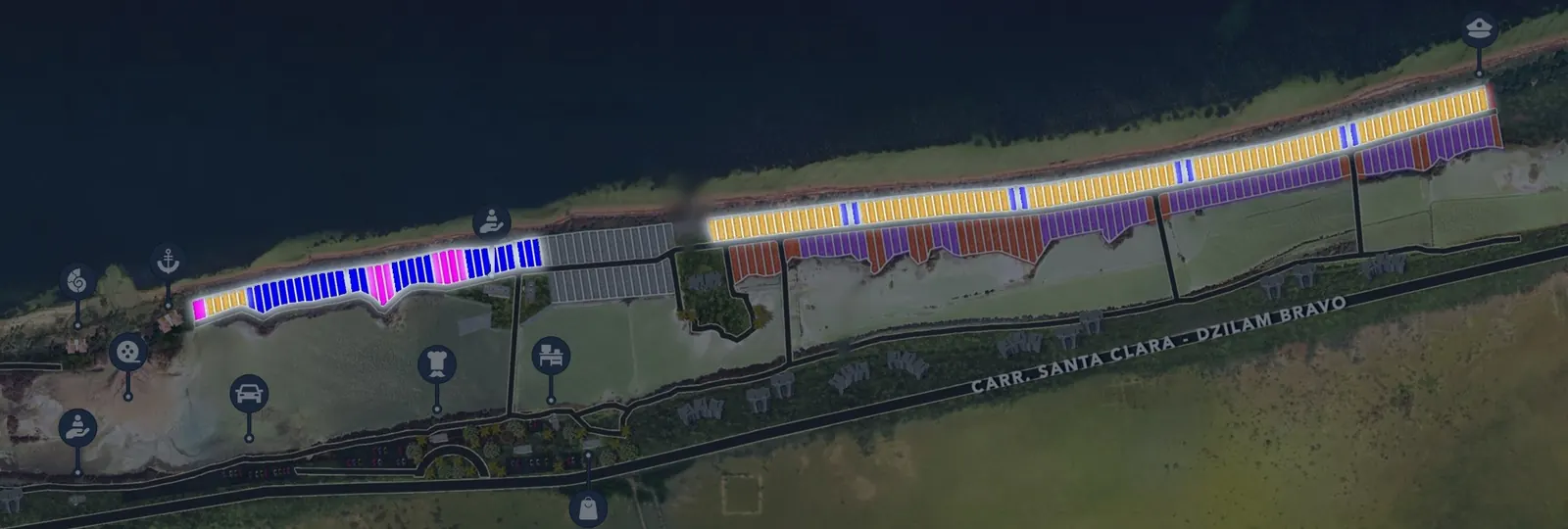 Masterplan de Custó con las zonas frente al mar iluminadas: Rosa, Platino y Oro