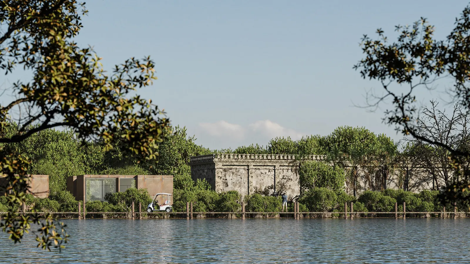 Render de la bahía de Custó con la ex hacienda al fondo, entre árboles y manglar