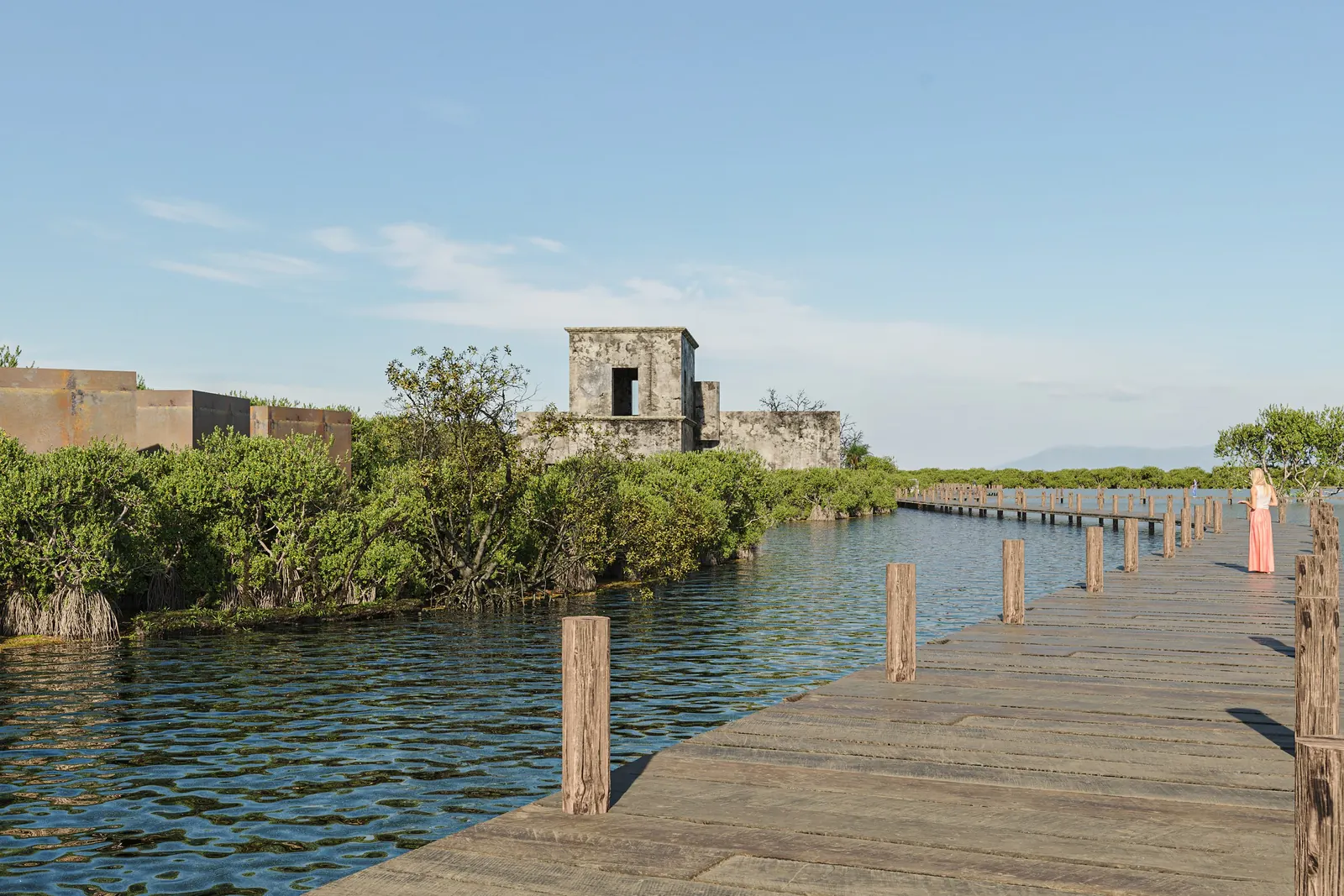 Render de la ex hacienda reconvertida, vista desde un andador de madera sobre la bahía
