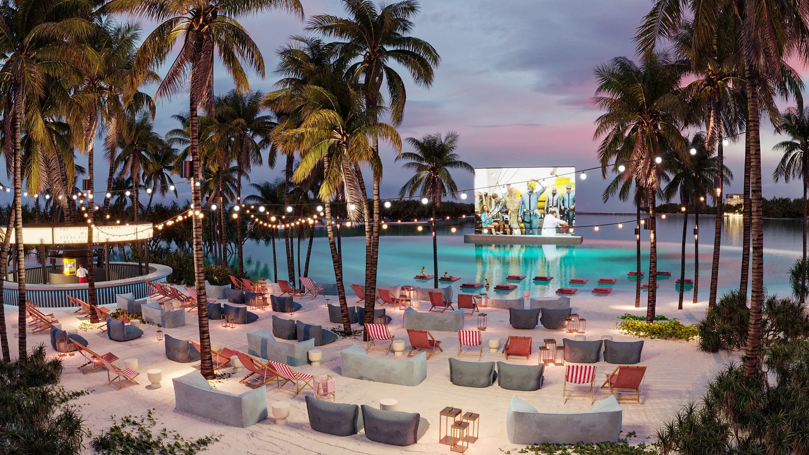 Render de Lumière, el cine al aire libre de Custó, con la pantalla frente al agua y luces entre palmeras