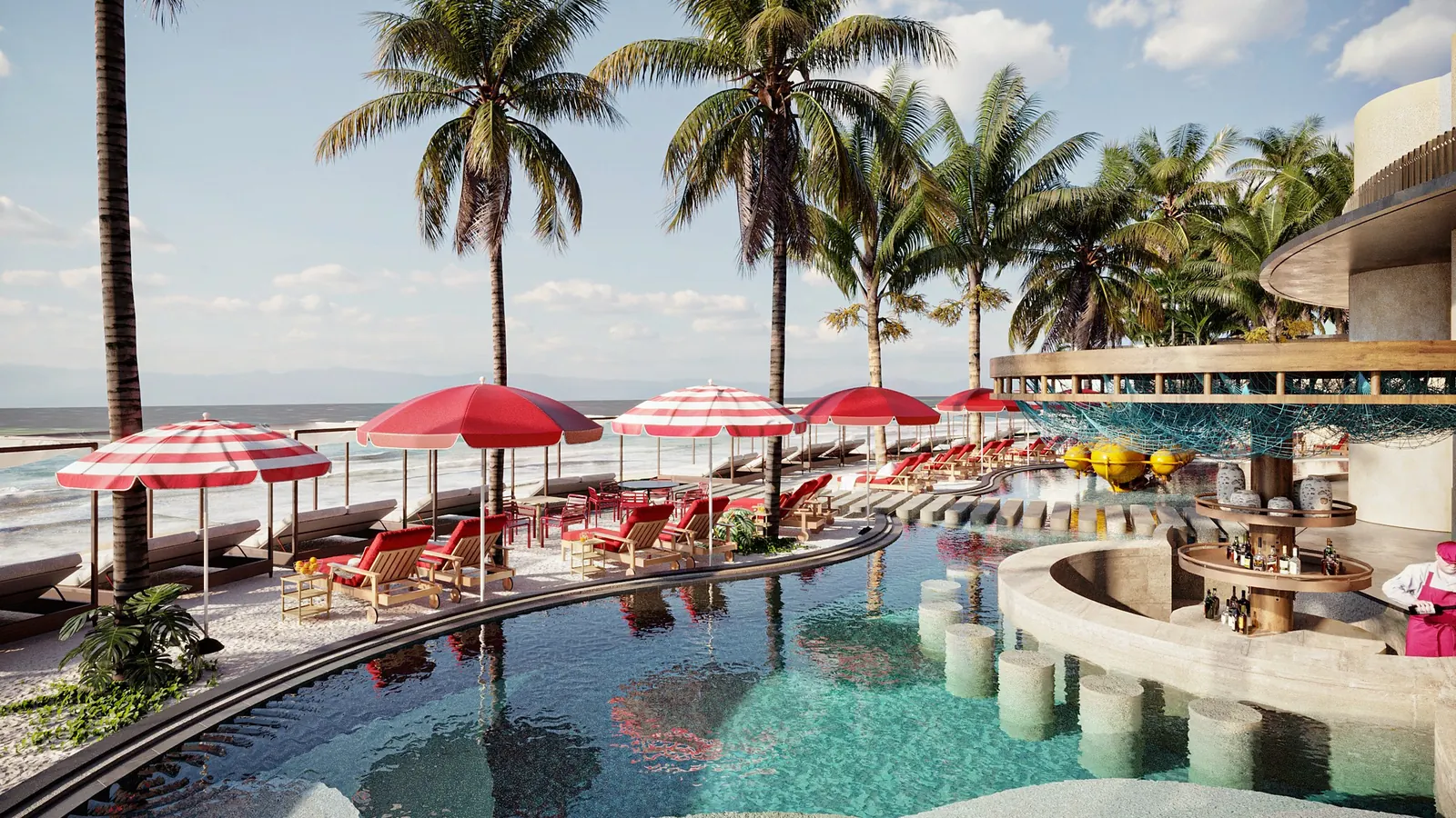 Render de la alberca de Calypso Beach Club en Custó, con sombrillas frente al mar de Santa Clara, Yucatán