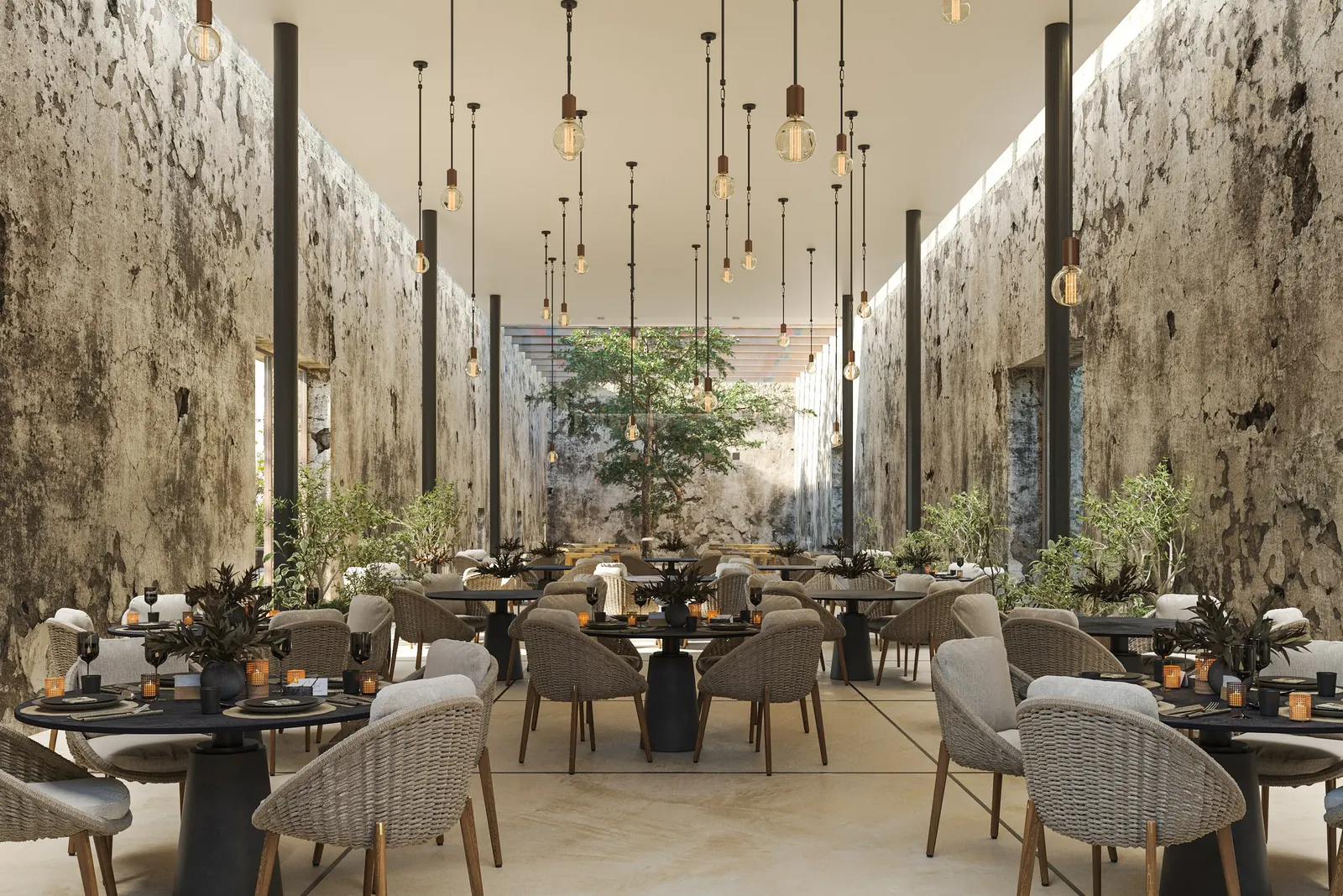 Render del restaurante de autor dentro de la nave de la ex hacienda salinera, con muros de piedra y luz cálida