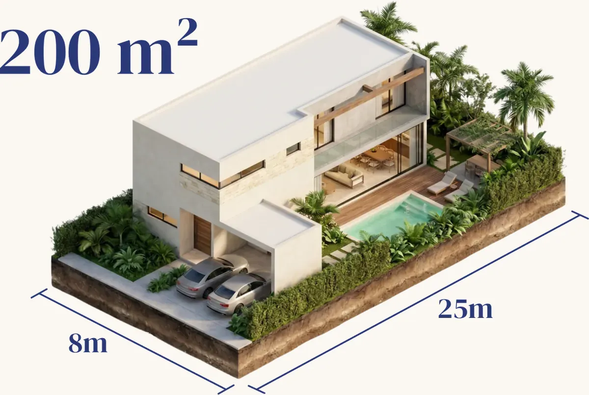 Render isométrico de una casa posible sobre un terreno de 200 m² en Puerto Telchac