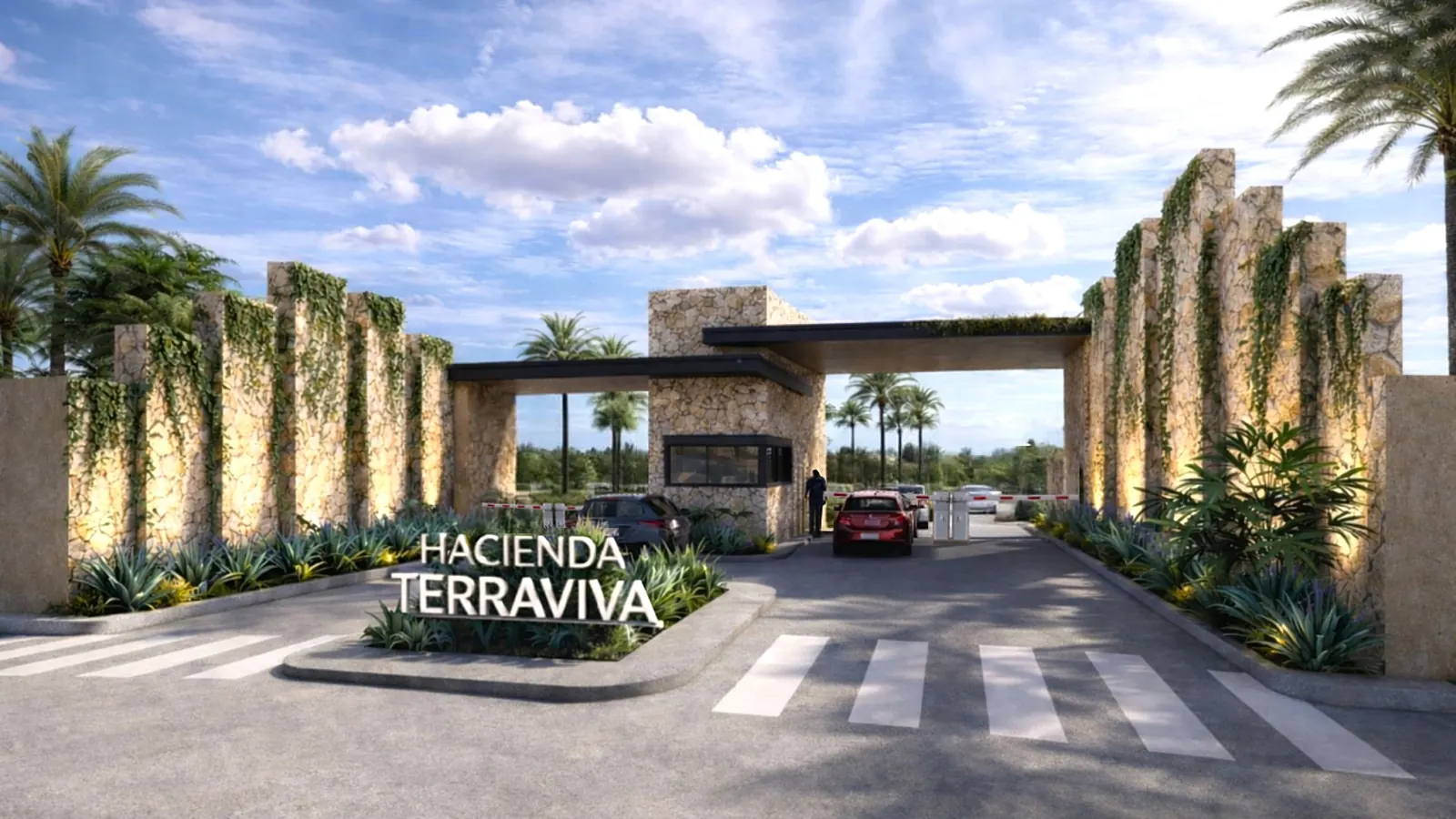 Render del acceso principal de Hacienda Terraviva con muros de piedra, palmeras y caseta