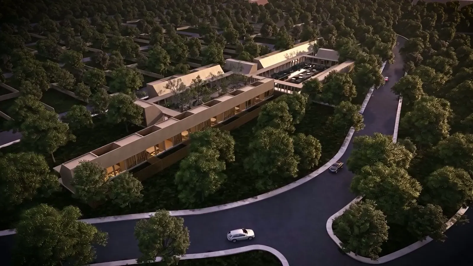 Render aéreo de la casa club de Hacienda Terraviva rodeada de selva