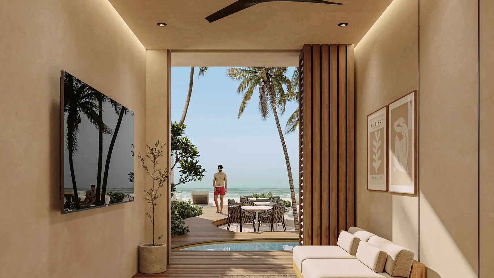 Sala de un departamento amueblado con ventanales y vista al mar en Telchac Puerto