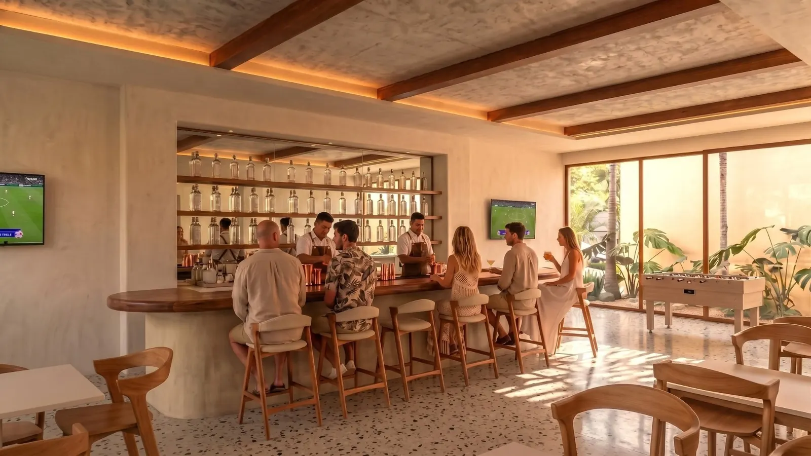 Render del bar y área social de Mareta by Puerto Telchac