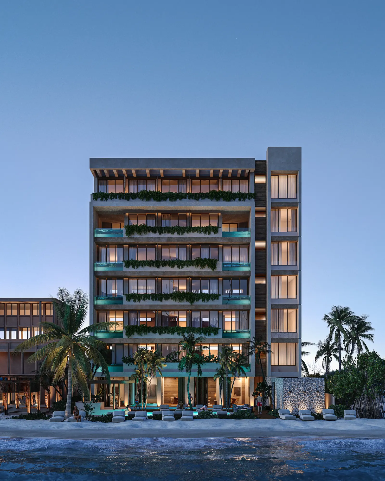Render del edificio de Playaviva Apartments frente al mar con alberca y palmeras