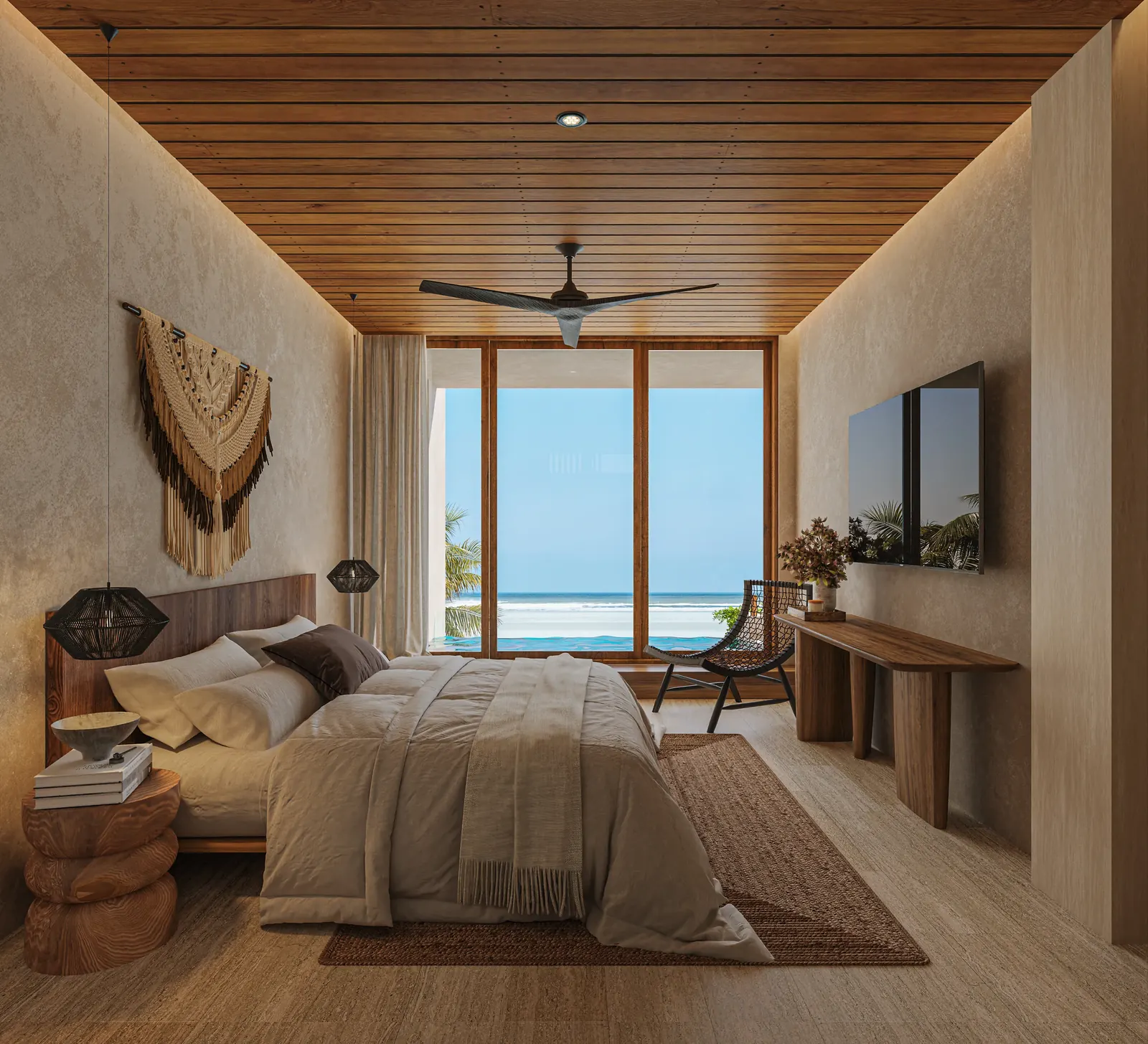 Render de una recámara de Playaviva Apartments con ventanal y vista al mar