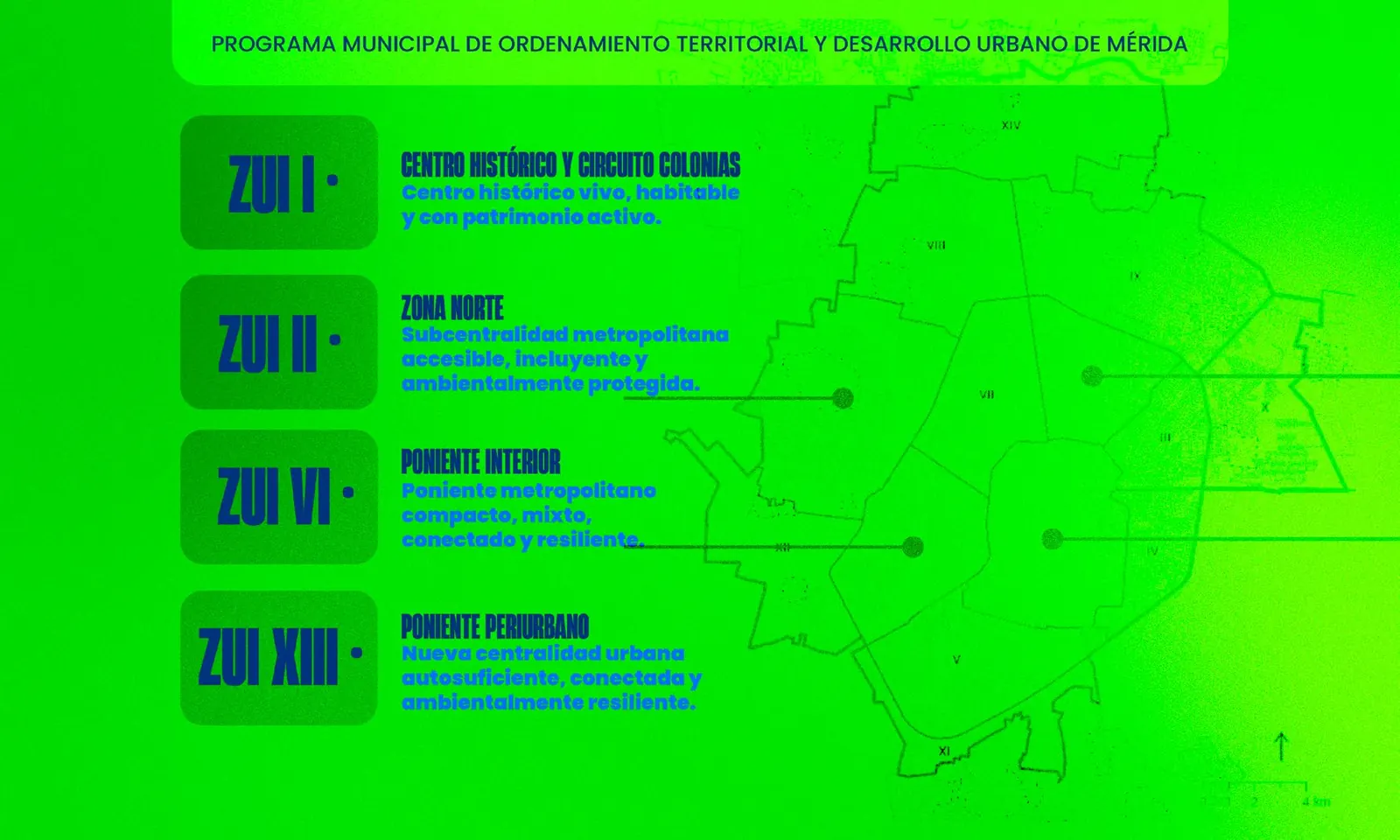 Mapa de Mérida dividido en zonas urbanas de intervención, con las ZUI I, II, VI y XIII destacadas