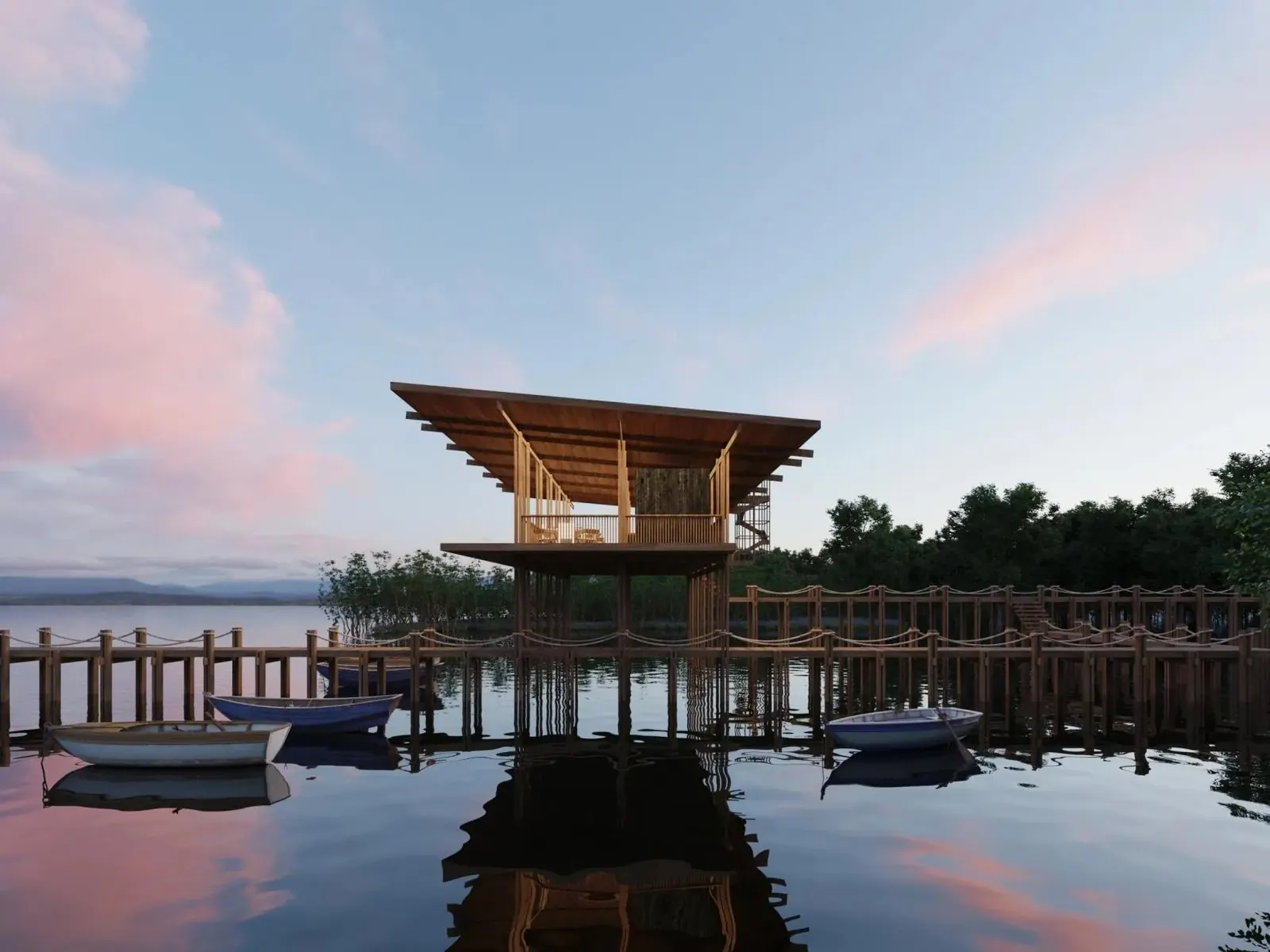 Render del embarcadero del ecoparque de Santa Clara Ecovillage