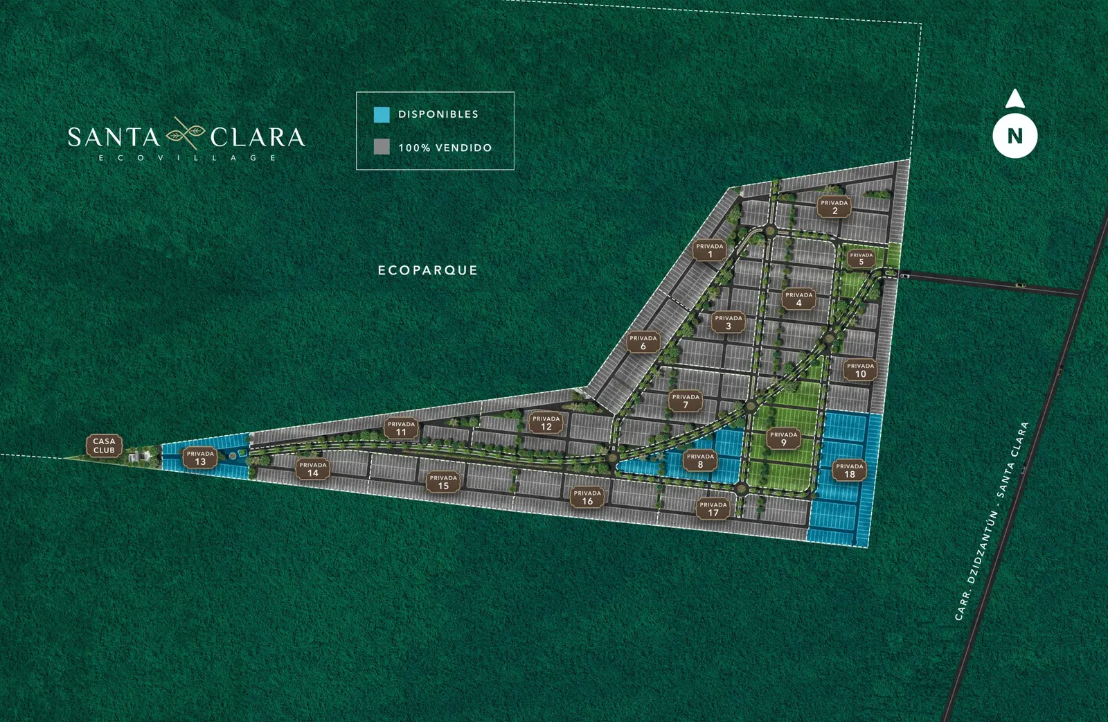Plano general de Santa Clara Ecovillage con sus privadas y el ecoparque