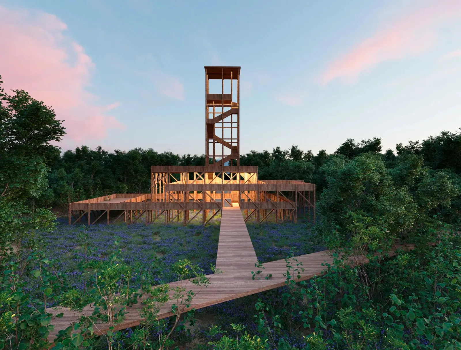 Render del mirador de madera del ecoparque entre la vegetación