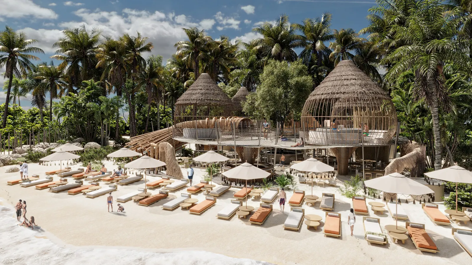 Render de día de Playaviva Santa Clara con camastros y palapas frente al mar