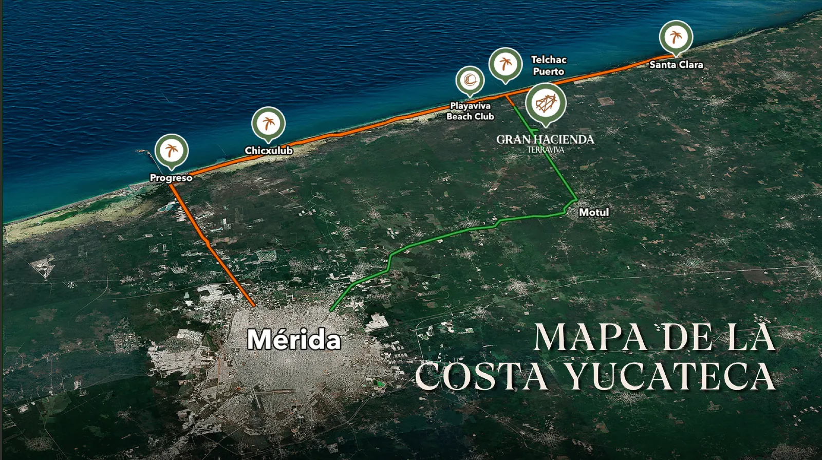 Mapa de la costa yucateca con Mérida, Progreso, Telchac Puerto y Santa Clara