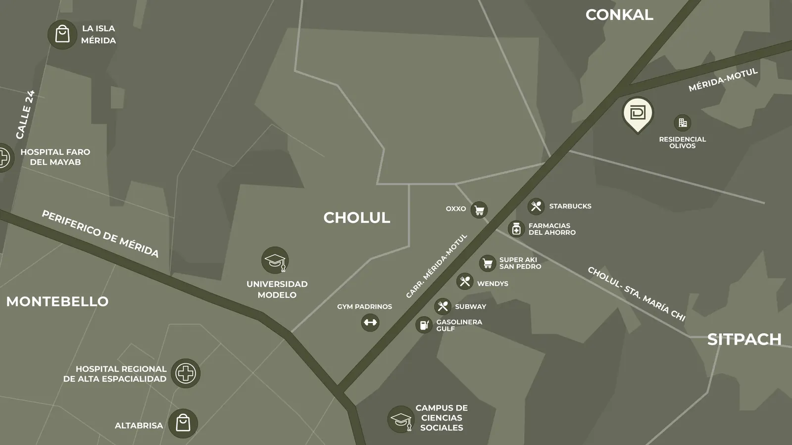 Mapa de Conkal y sus alrededores con plazas, hospitales y el Periférico