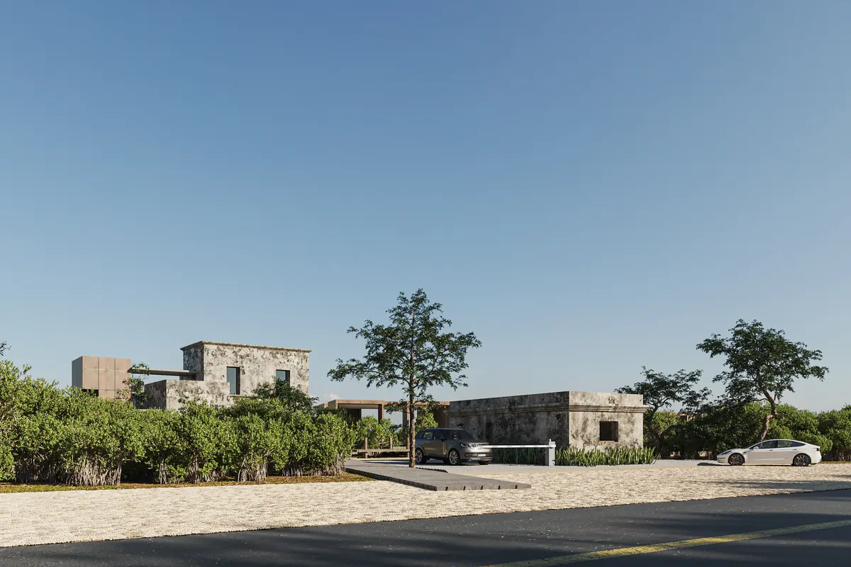 Render del acceso controlado de Custó en la ex hacienda, con caseta y estacionamiento
