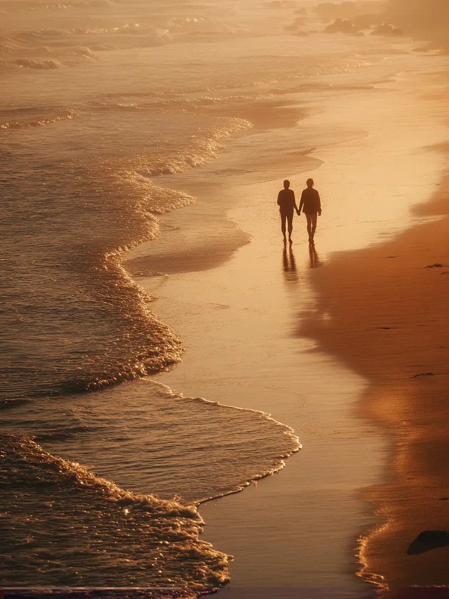 Pareja caminando por la orilla del mar al atardecer