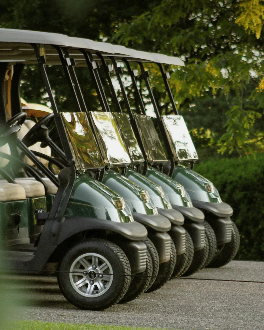 Carritos de golf estacionados entre la vegetación