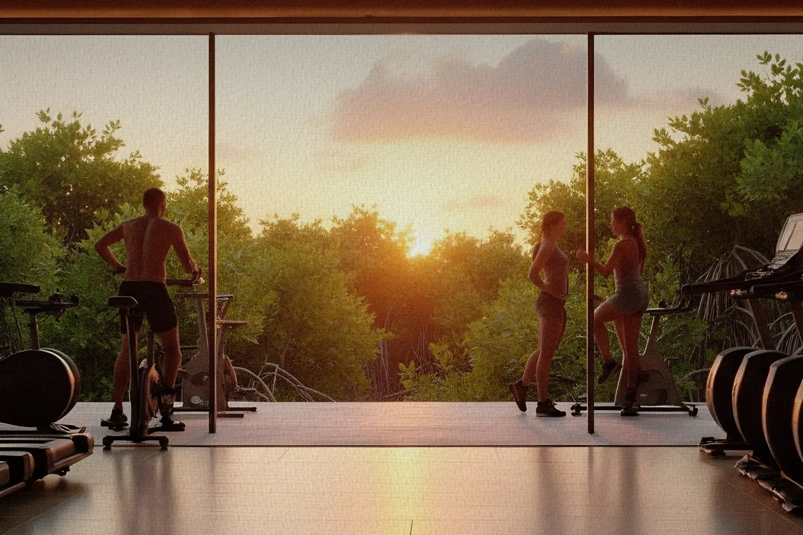 Gimnasio abierto a la vegetación al amanecer