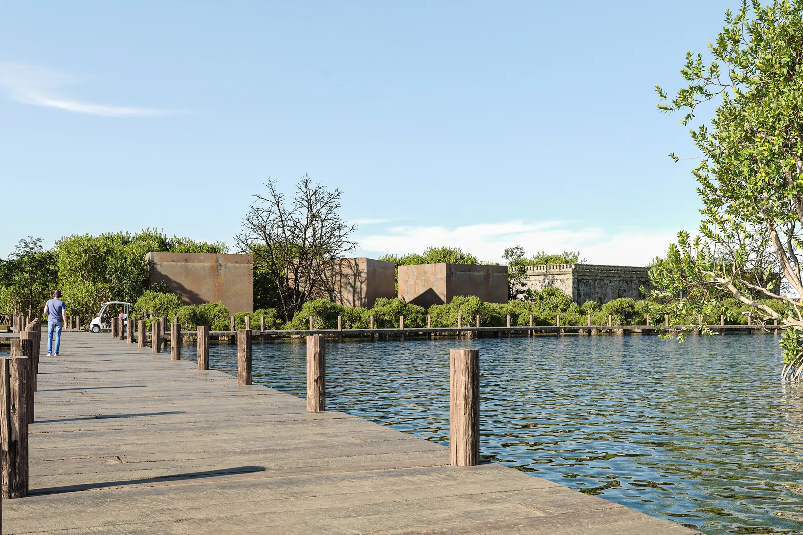 Render de un andador de madera sobre la bahía, con la ex hacienda al fondo