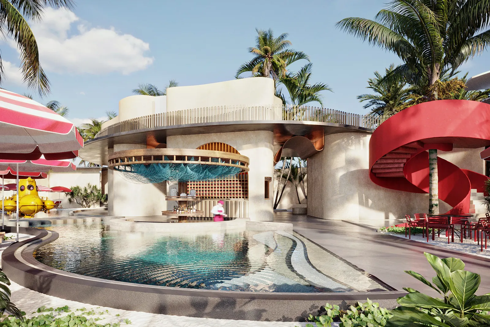 Render de la alberca de Calypso Beach Club con tobogán rojo y bar