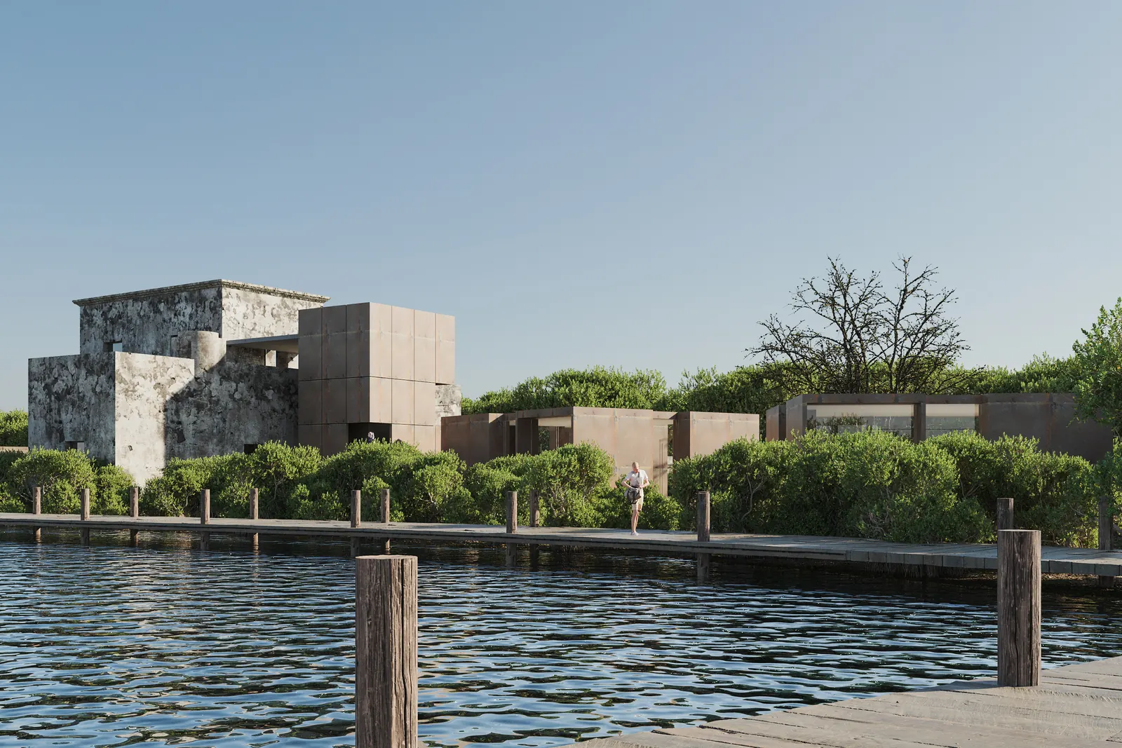 Render del Business Center en la ex hacienda, junto al agua