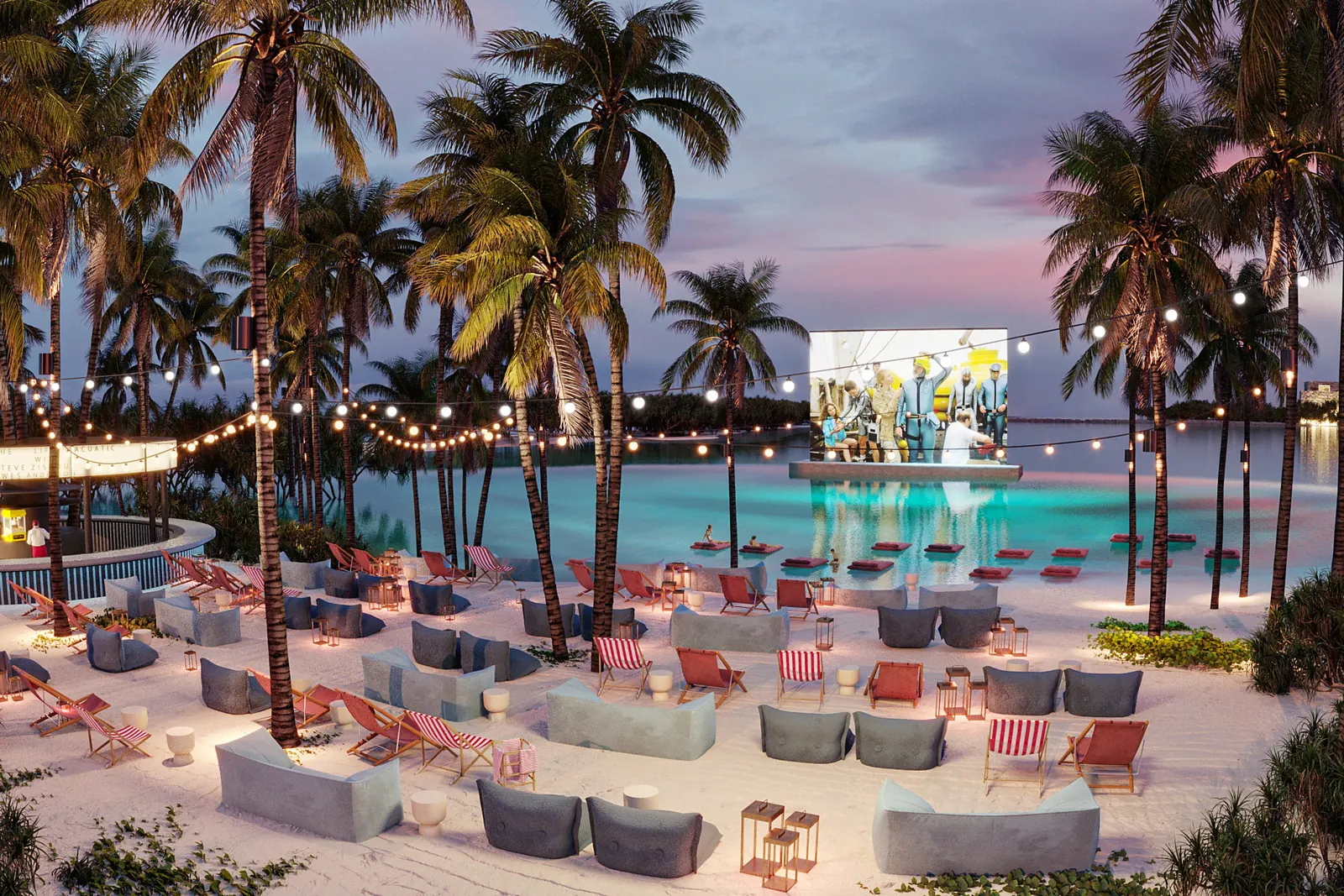 Render del cine al aire libre Lumière, con pantalla frente al agua y luces entre palmeras