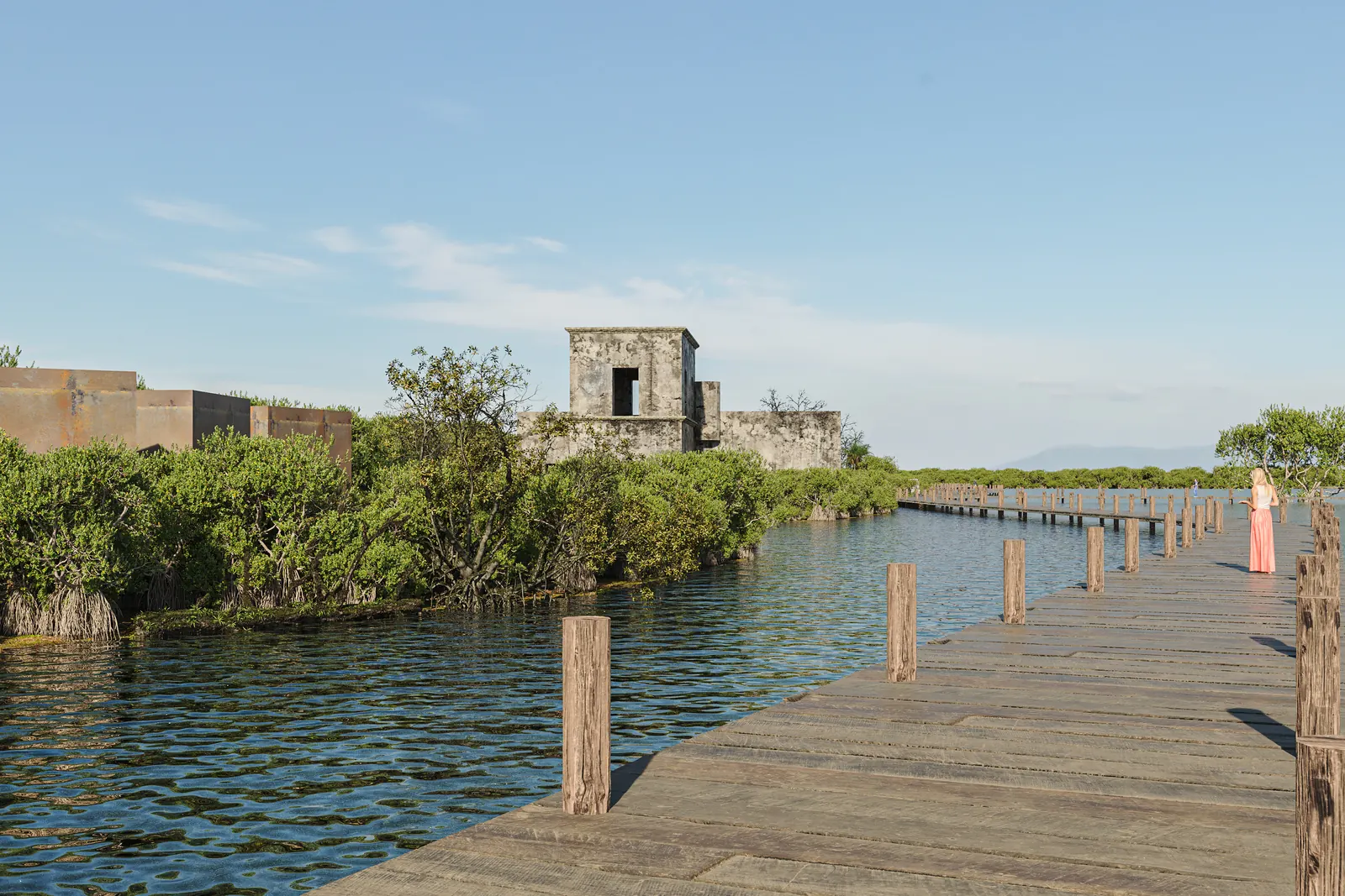 Render de la ex hacienda reconvertida, con un andador de madera sobre la bahía