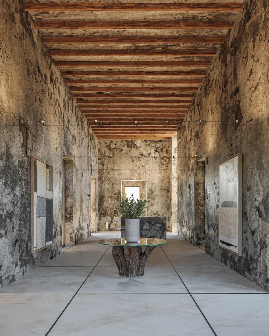 Render del lobby de Custó dentro de la antigua hacienda, con techo de vigas y muros de piedra