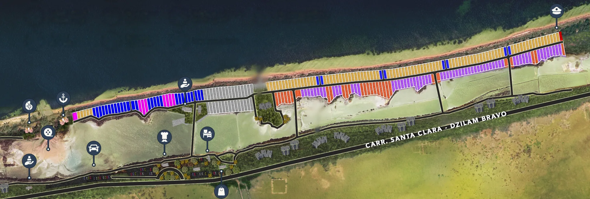 Masterplan de Custó sobre la costa de Santa Clara: lotes frente al mar y con vista a la bahía, beach clubs al poniente y la carretera Santa Clara – Dzilam Bravo al sur