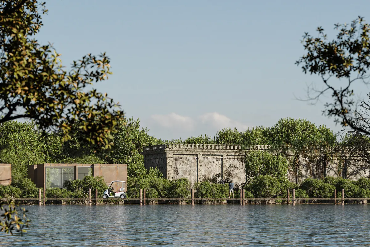 Render de la bahía con la ex hacienda al fondo, entre árboles