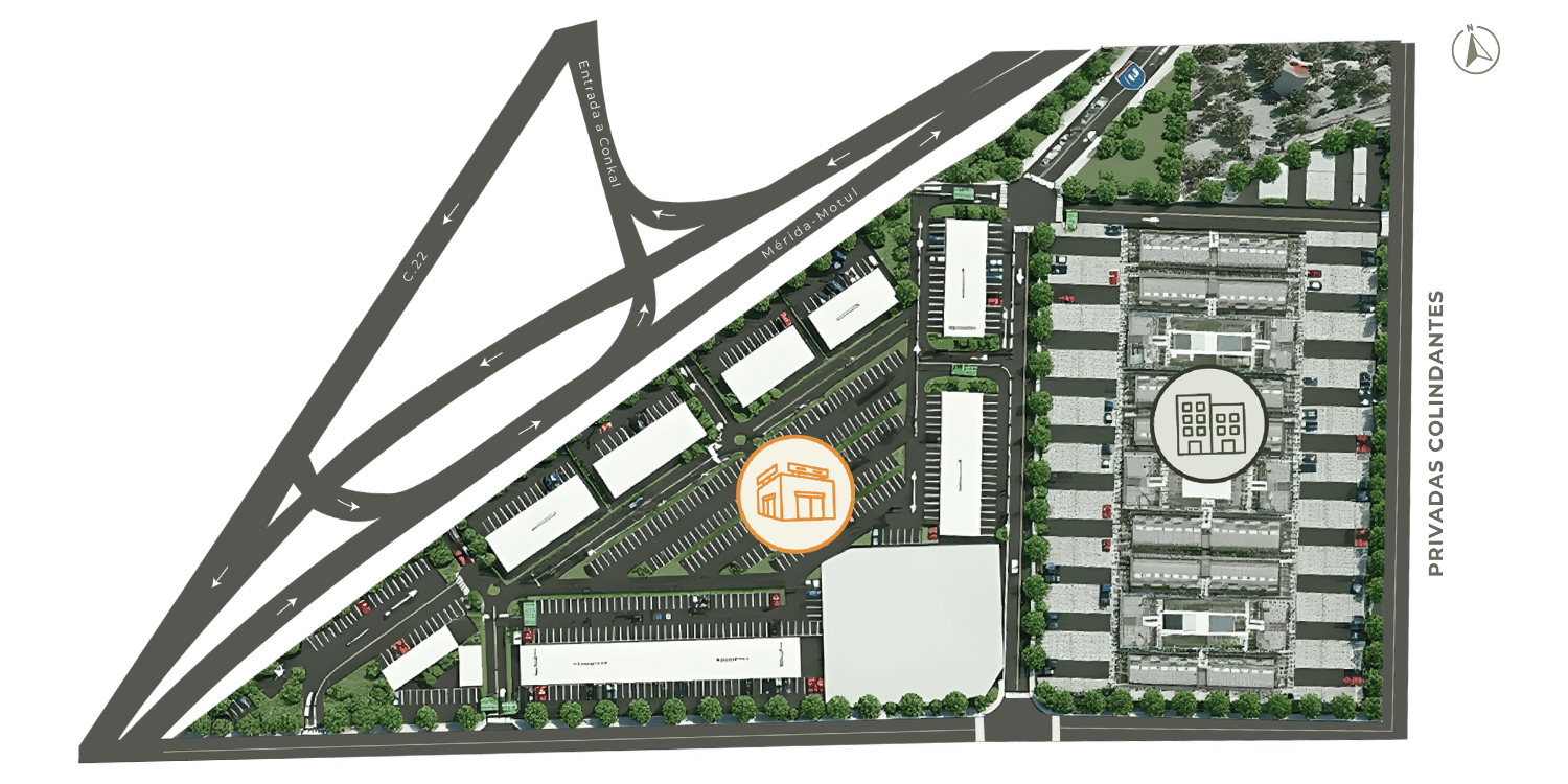 Masterplan de Distrito Conkal: zona PowerCenter comercial y zona de departamentos
