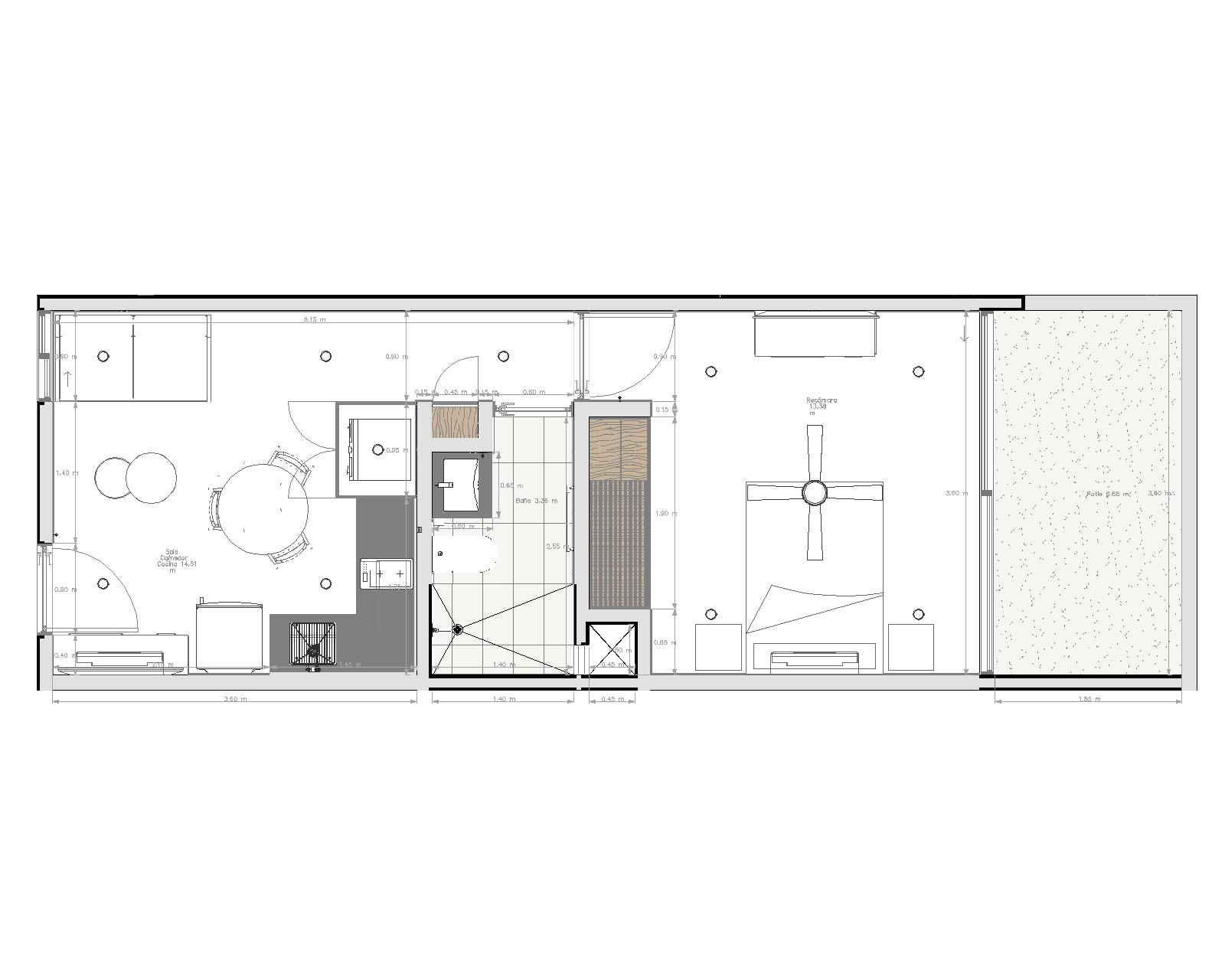 Plano del modelo Kaia - departamento de 1 recámara y 35 m² en Distrito Conkal