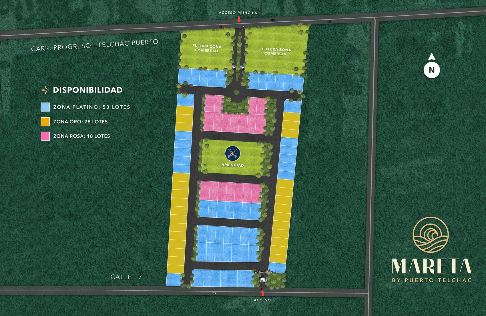 Masterplan de Mareta by Puerto Telchac: zonas Rosa, Platino y Oro, amenidad interna, accesos y futura zona comercial sobre la carretera Progreso – Puerto Telchac