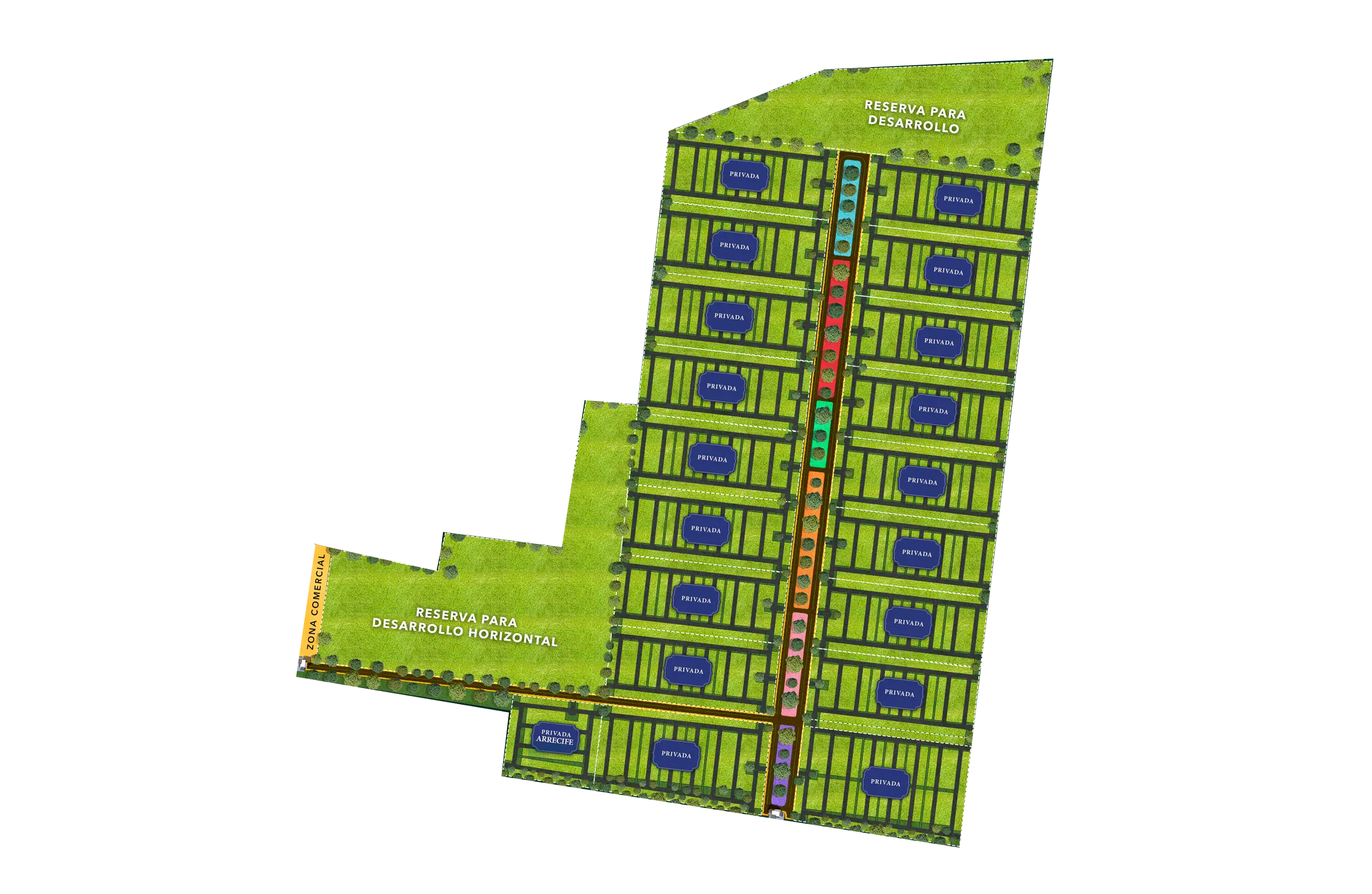 Master Plan de Puerto Telchac - Plano general del desarrollo con privadas, zona comercial y amenidades