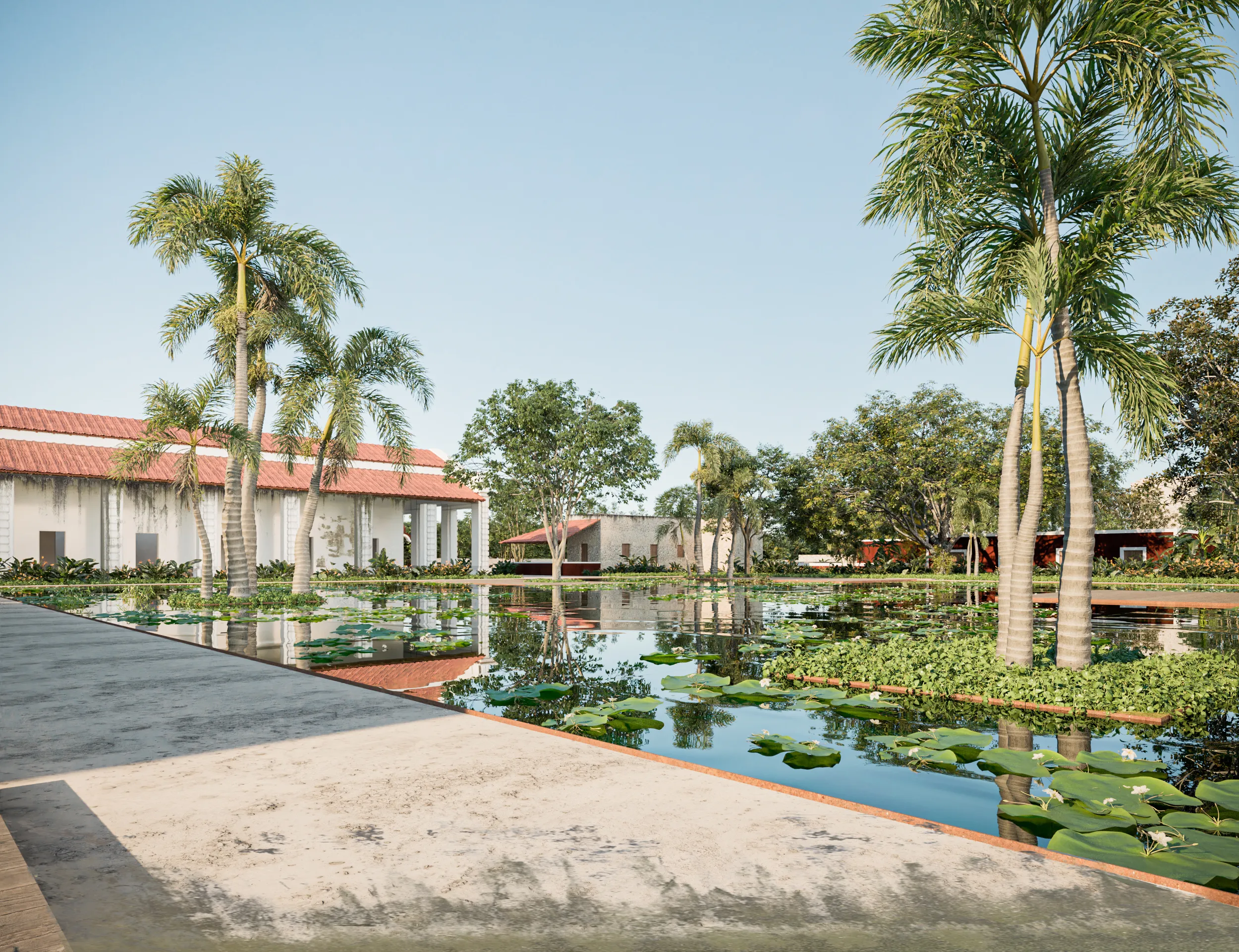 Vista panorámica del lago y la hacienda restaurada en Hacienda San Eduardo