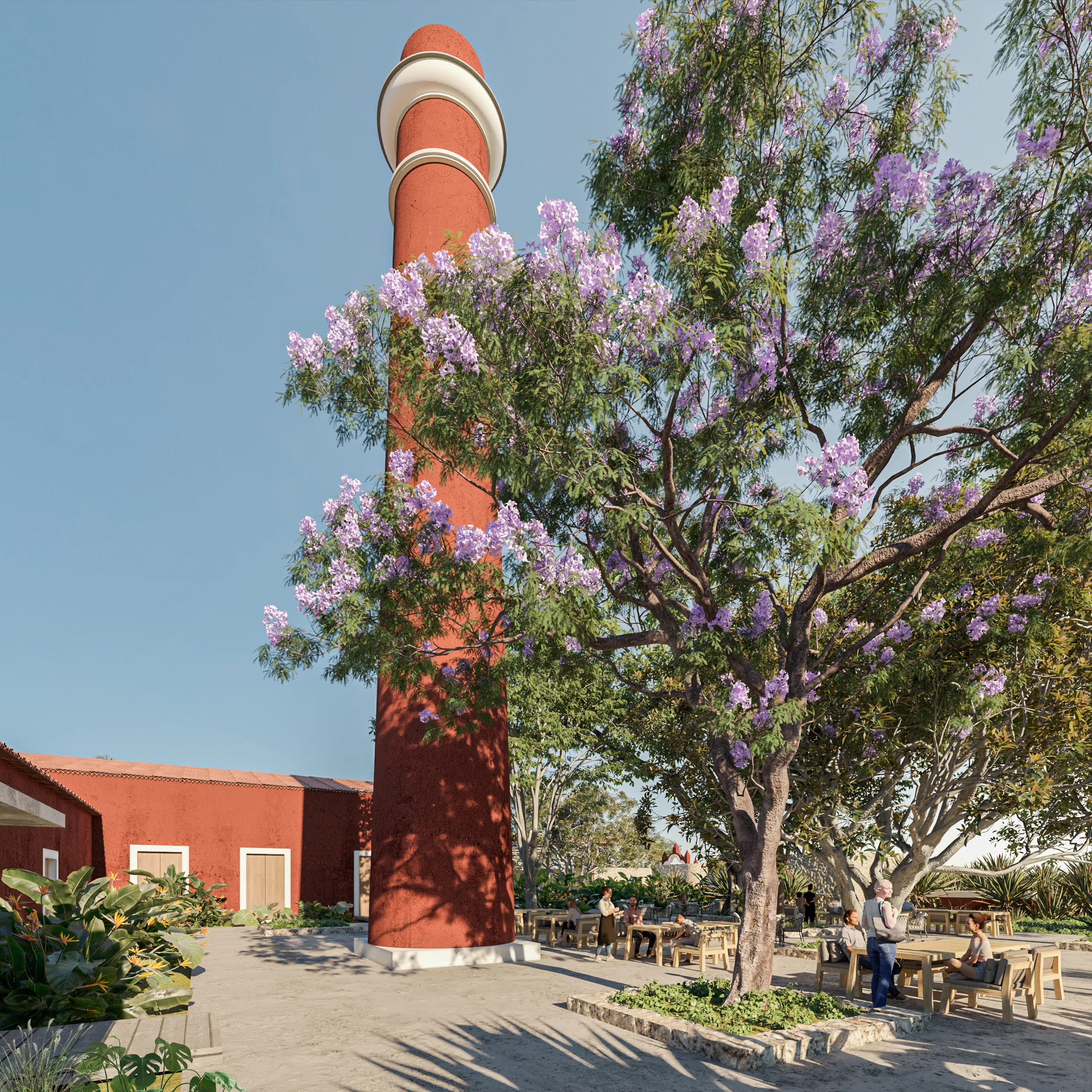 Chimenea histórica y jacaranda en Hacienda San Eduardo